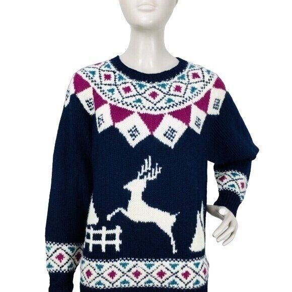 Vintage 80s Fair Isle Nordic 100% Hand Knit Wool Pullover Sweater Reindeer - Picture 5 of 6